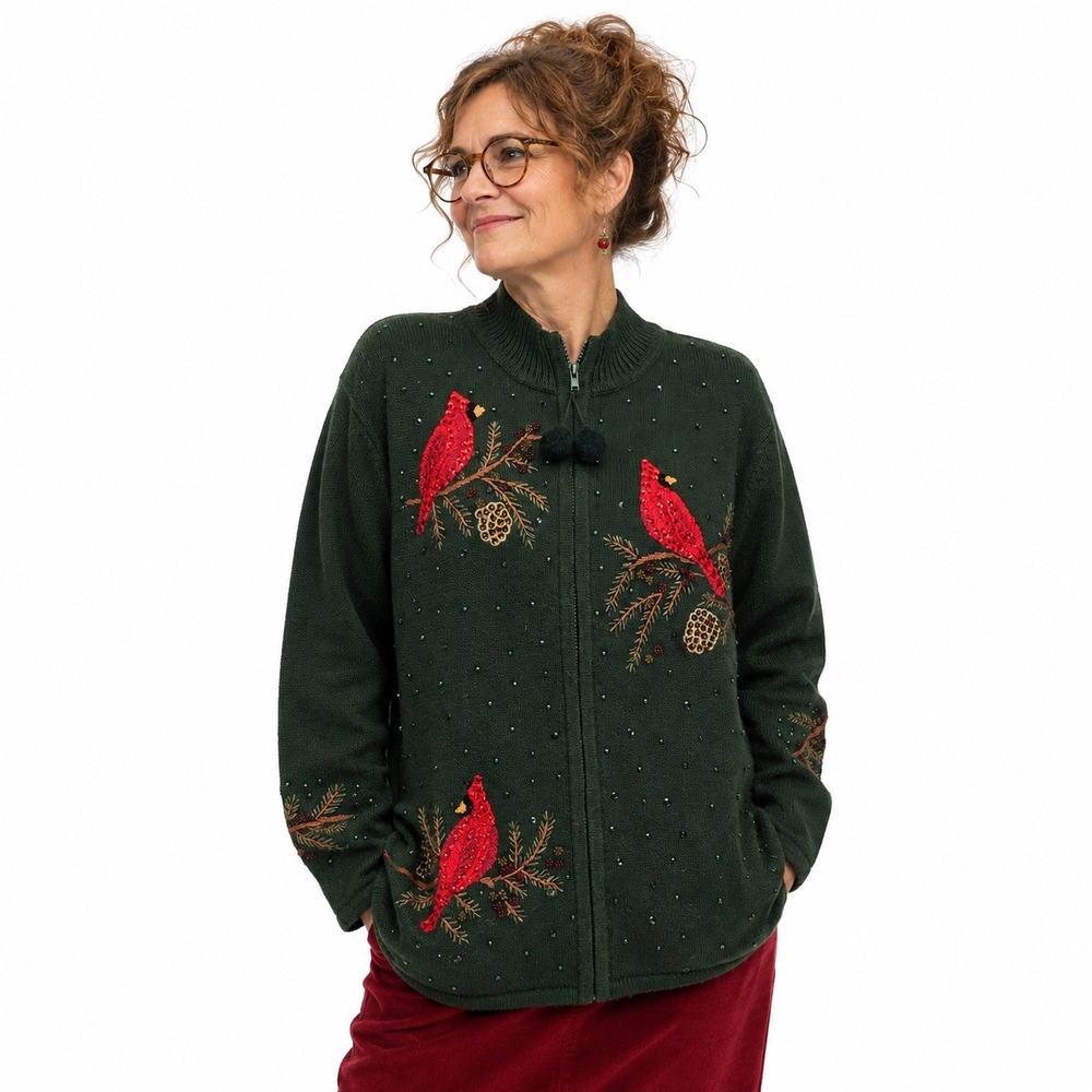 Vintage 90s Quacker Factory Knit Cardigan XL Green Cardinal Embroidered Holiday